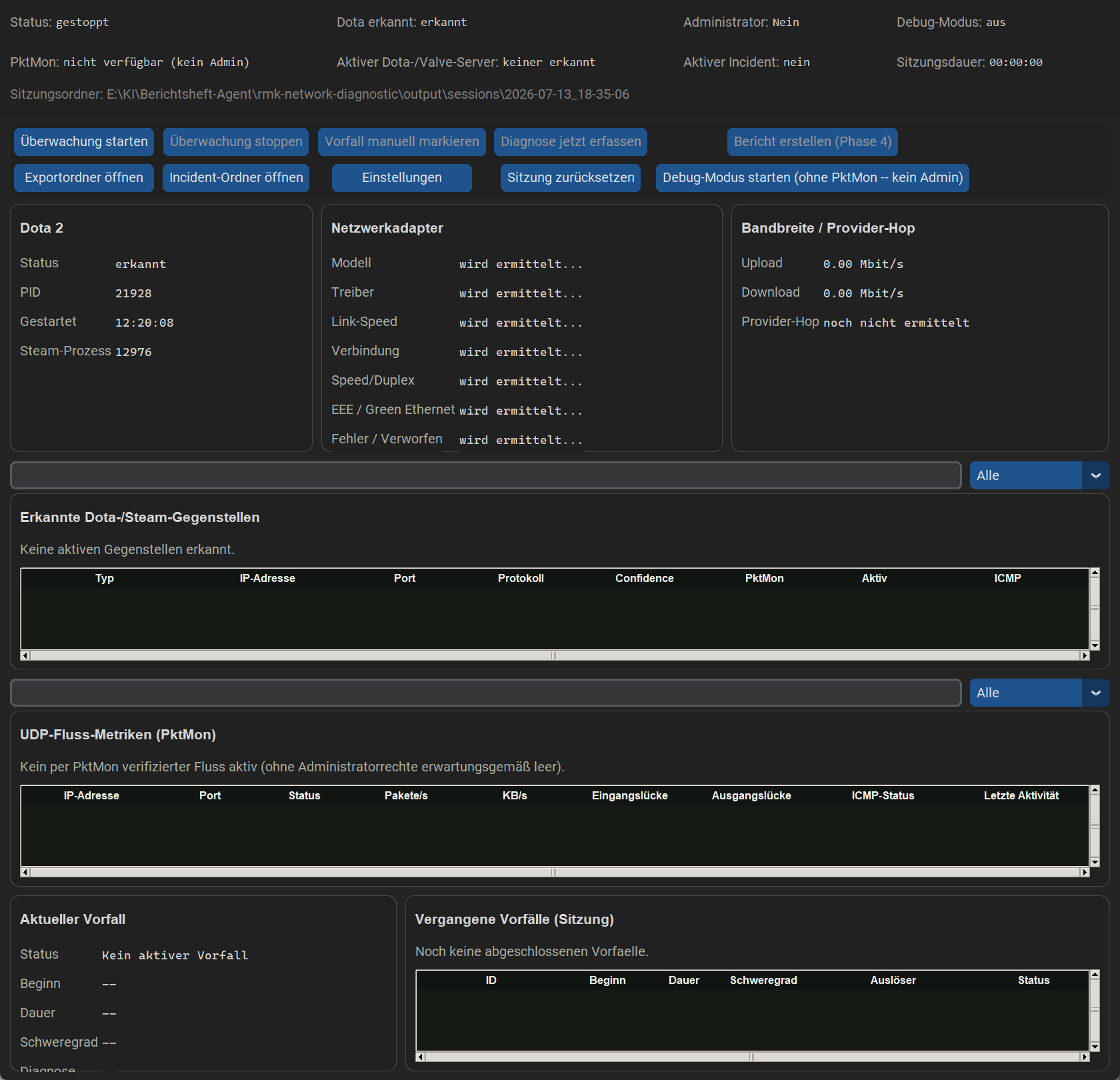Screenshot der Benutzeroberfläche von RMK Network Diagnostic mit Status, Netzwerkadapter und Vorfall-Protokoll